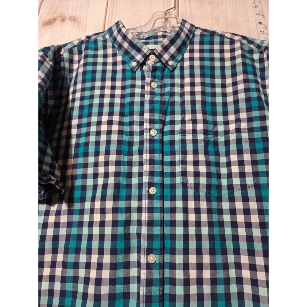 Old Navy Men's XXL Blue Teal White Plaid Short Sleeve Button Down Shirt Slim Fit - Picture 3 of 7